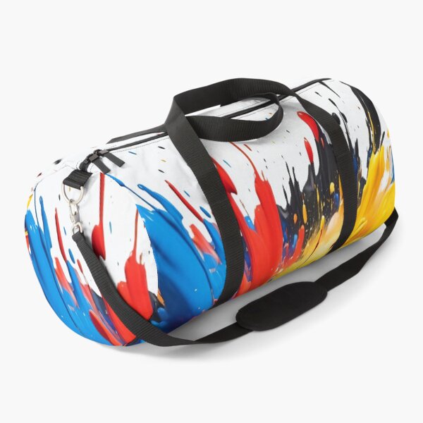 Item preview, Energetic paint explosion with bold red, yellow, blue, and black splashes creating dramatic modern abstract artwork designed and sold by Mimoshi ⭐⭐⭐⭐⭐.