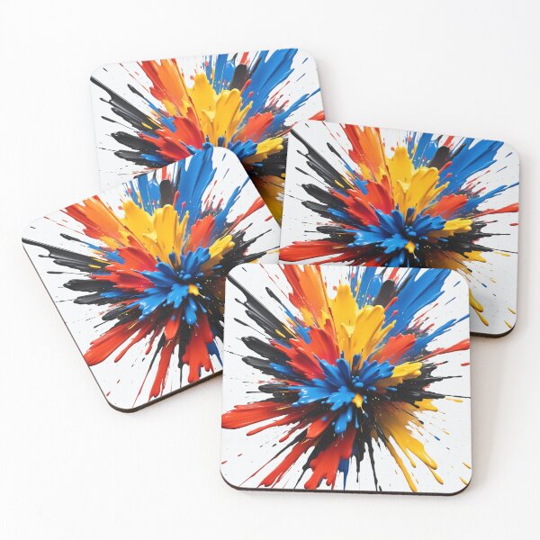 Item preview, Dynamic vertical paint explosion with bold red, yellow, blue, and black splashes creating powerful modern abstract artwork designed and sold by Mimoshi ⭐⭐⭐⭐⭐.
