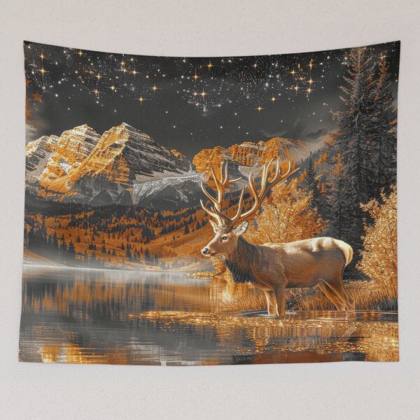 Item preview, Deer in Autumn Mountain Landscape at Night Under Starry sky designed and sold by MargaretWiktor.
