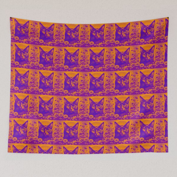 Item preview, Black Cat and Spring Flowers 2-Purple-Yellow Duotone designed and sold by Kate Anderson Art.