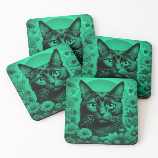 Item preview, Black Cat and Spring Flowers 2-Black-Green Duotone designed and sold by Kate Anderson Art.