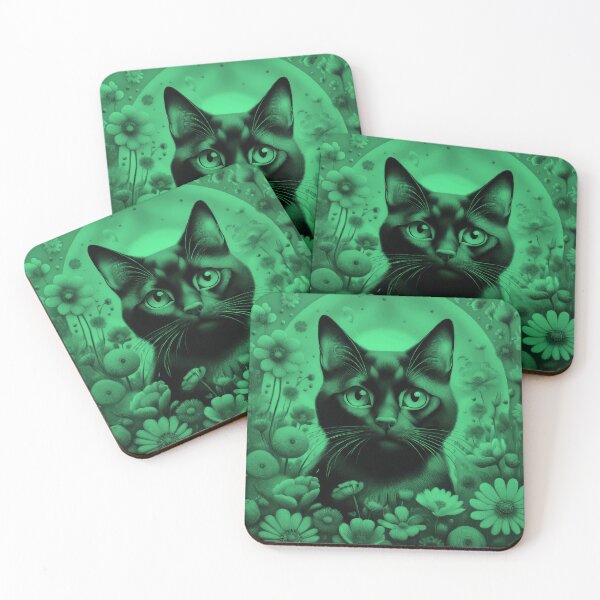 Item preview, Black Cat and Spring Flowers 1-Black-Green Duotone designed and sold by Kate Anderson Art.