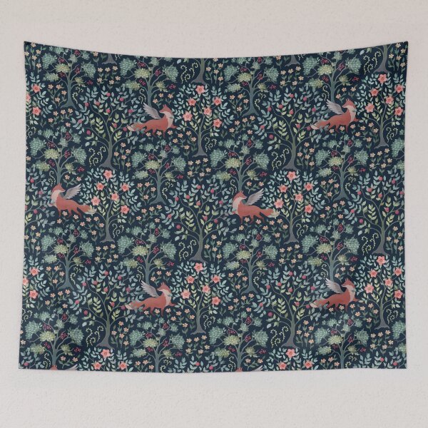 Item preview, Moody watercolor enchanted fox garden botanical tapestry on dark teal designed and sold by adenaJ.