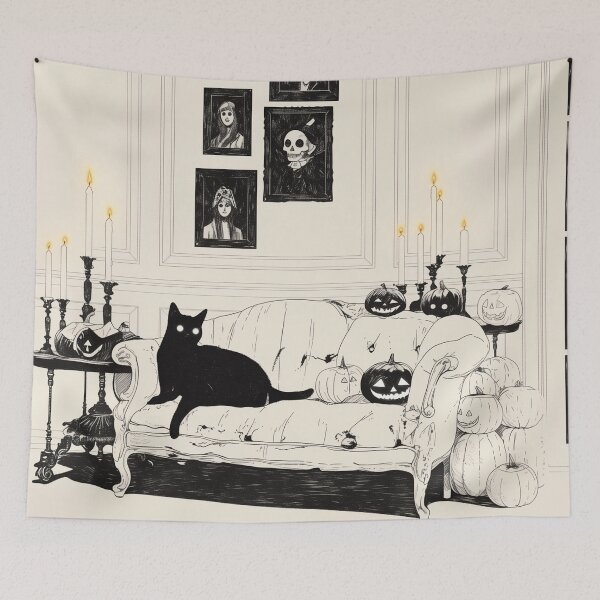 Item preview, Minimalist Halloween Black Cat Illustration – Gothic Sofa, Pumpkins and Candlelight Editorial Art designed and sold by LittleSmileLab.