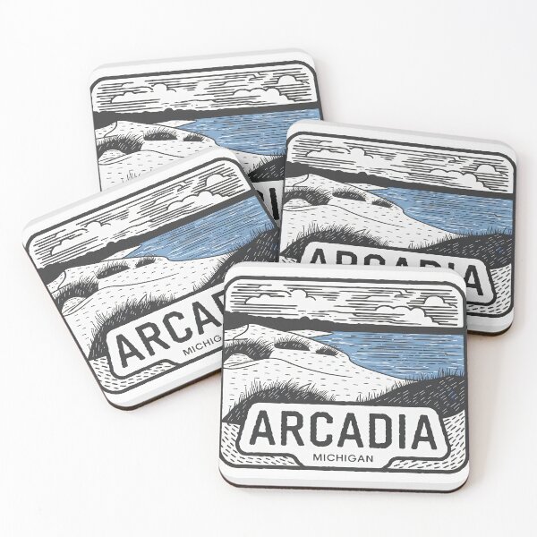 Item preview, Arcadia Michigan Vintage Woodcut Style Dune Art designed and sold by TheOldMittenIllustrated.