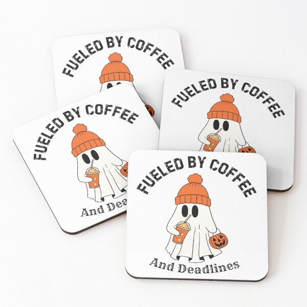 Item preview, Fueled by Coffee & Deadlines – Ghost with Beanie and Halloween Candy Basket Design designed and sold by TheJCGallery.