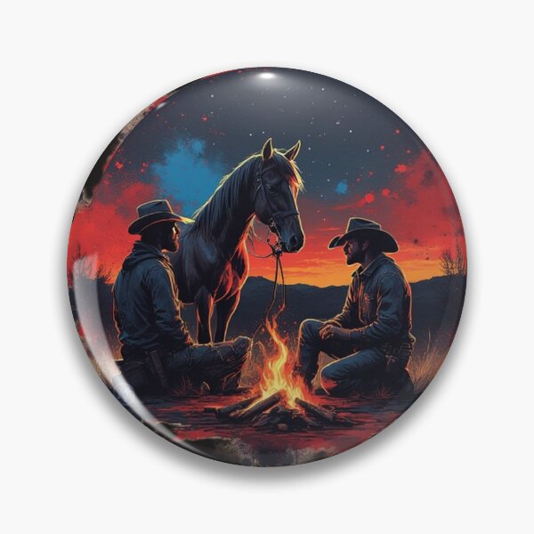 Item preview, Western Cowboy Campfire Art – Two Cowboys and Horse at Sunset  Vintage Wild West Illustration by NegarTv Designs designed and sold by NegarTv Designs.