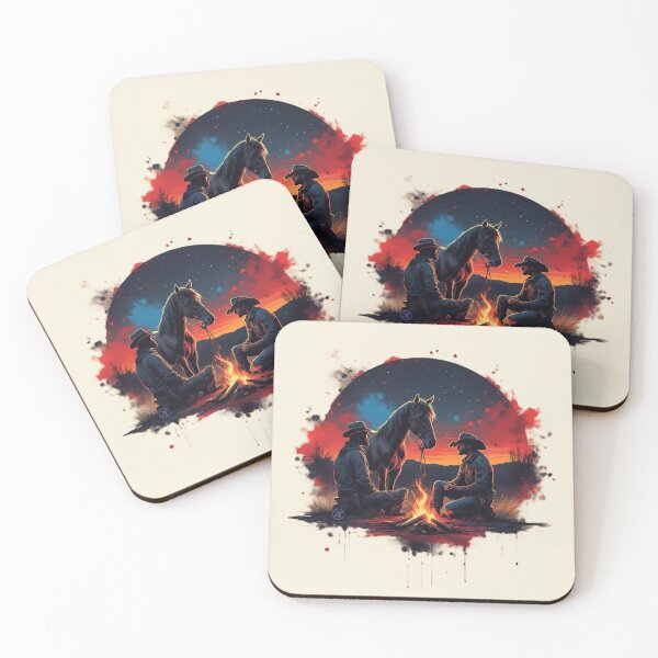 Item preview, Western Cowboy Campfire Art – Two Cowboys and Horse at Sunset  Vintage Wild West Illustration by NegarTv Designs designed and sold by NegarTv Designs.