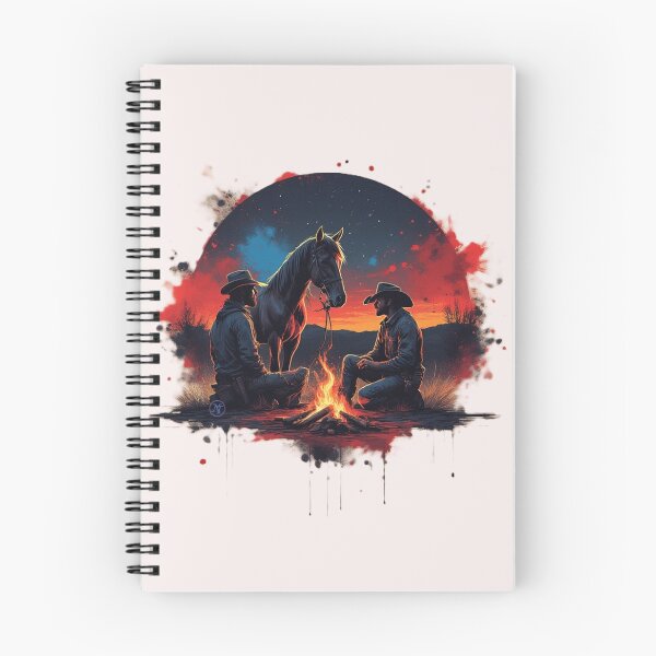 Item preview, Western Cowboy Campfire Art – Two Cowboys and Horse at Sunset  Vintage Wild West Illustration by NegarTv Designs designed and sold by NegarTv Designs.