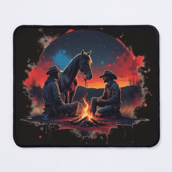 Item preview, Western Cowboy Campfire Art – Two Cowboys and Horse at Sunset  Vintage Wild West Illustration by NegarTv Designs designed and sold by NegarTv Designs.