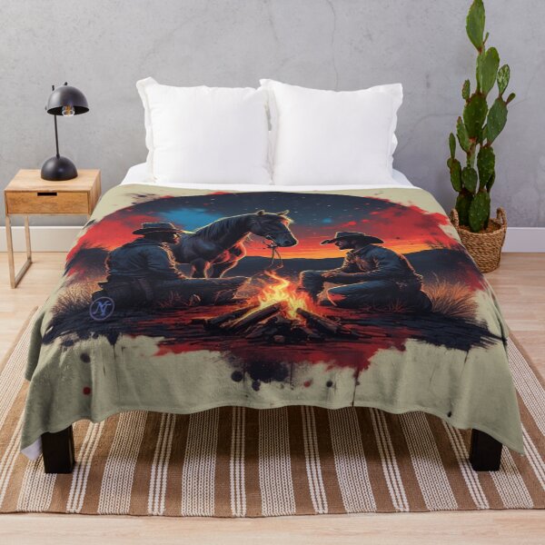 Item preview, Western Cowboy Campfire Art – Two Cowboys and Horse at Sunset  Vintage Wild West Illustration by NegarTv Designs designed and sold by NegarTv Designs.