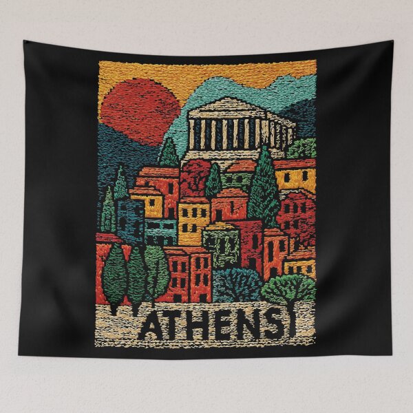 Item preview, Athens Travel Poster in a Vintage Embroidered Style designed and sold by TuncGK.