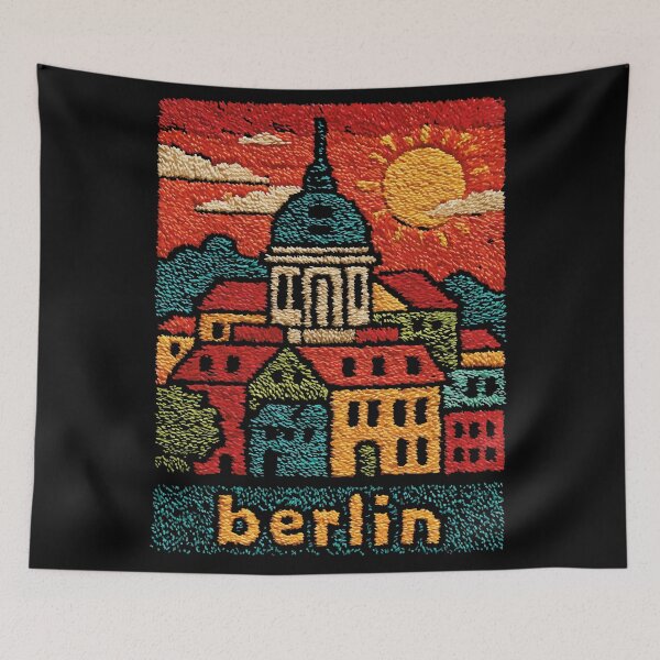 Item preview, Berlin Cathedral Sunset Poster in a Vintage Embroidered Style designed and sold by TuncGK.