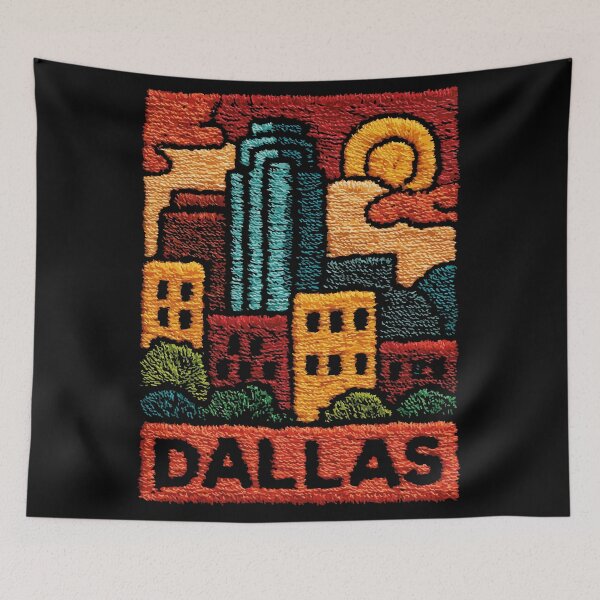 Item preview, Dallas Texas Skyline | Retro Embroidered Folk Art Poster designed and sold by TuncGK.