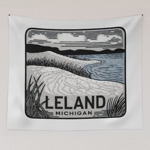 Item preview, Leland Michigan Vintage Woodcut Style Dune Art designed and sold by TheOldMittenIllustrated.