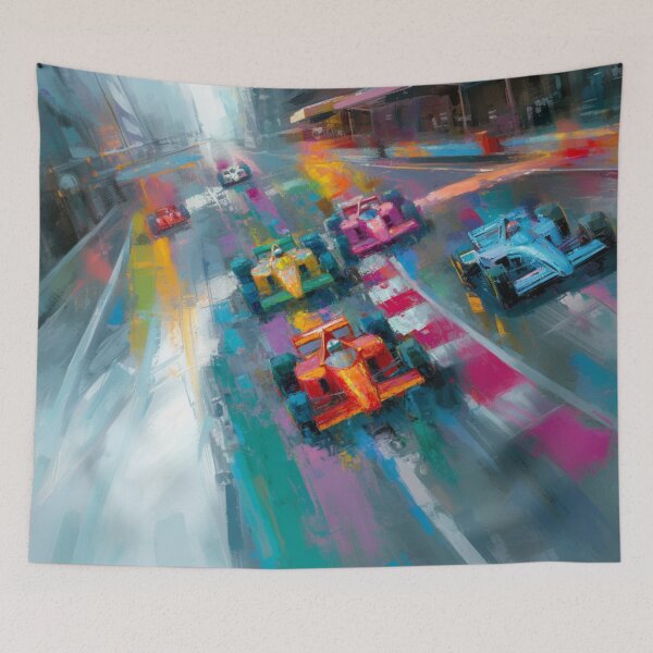 Item preview, Abstract depiction of Formula 1 cars racing with vibrant colours Art Inspired By Nature And The Active Outdoors designed and sold by CDC40.