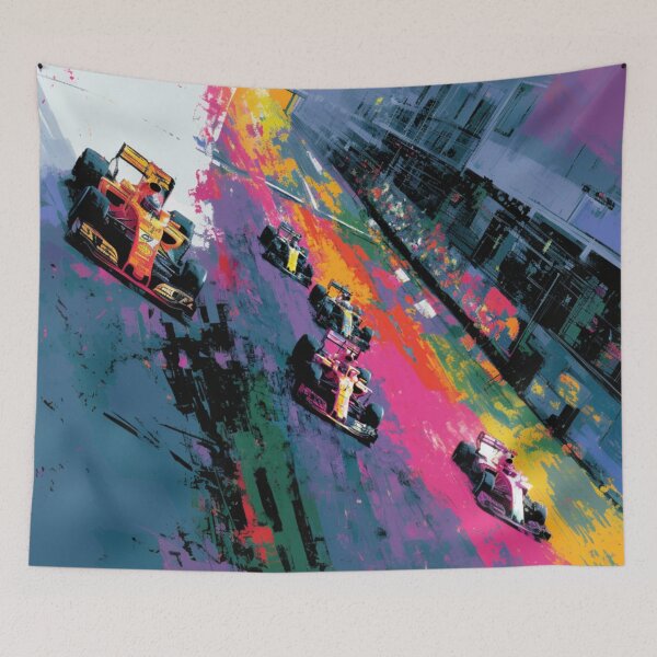 Item preview, Abstract depiction of Formula 1 cars racing with vibrant colours Art Inspired By Nature And The Active Outdoors designed and sold by CDC40.