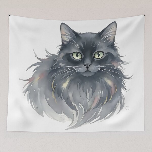 Item preview, Fluffy Gray Cat Portrait Realistic Long Hair Feline Illustration designed and sold by ArtDesignTp.
