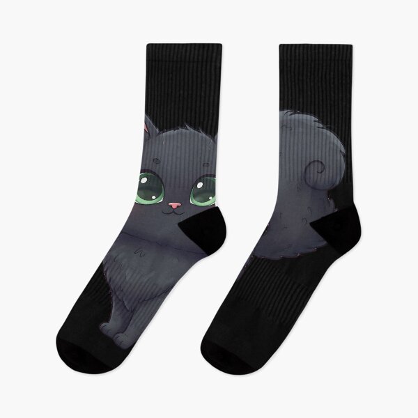 Item preview, Kawaii Black Fluffy Cat with Big Green Eyes Cute Cartoon Illustration designed and sold by ArtDesignTp.