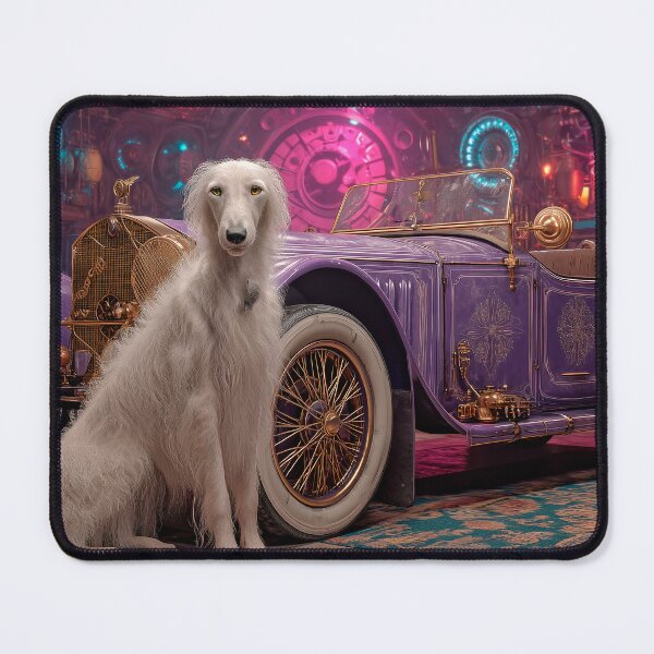 Item preview, A Borzoi dog near a car psychedelic funk mechanical designed and sold by Verademacedoart.