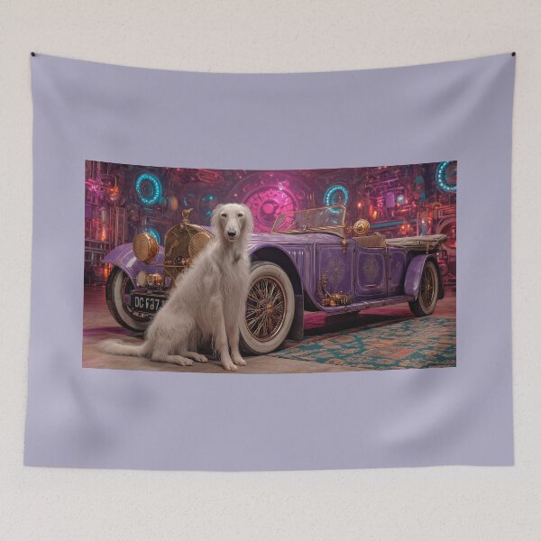 Item preview, A Borzoi dog near a car psychedelic  funk mechanical designed and sold by Verademacedoart.