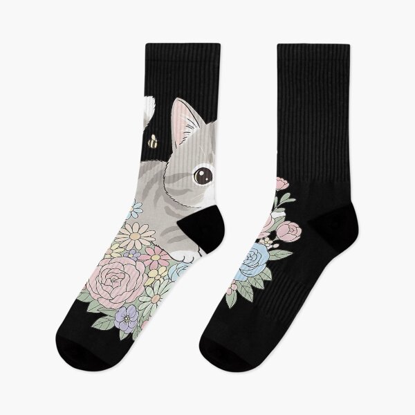 Item preview, Adorable Gray Cat Sitting with Colorful Flowers Cute Cartoon Illustration designed and sold by ArtDesignTp.