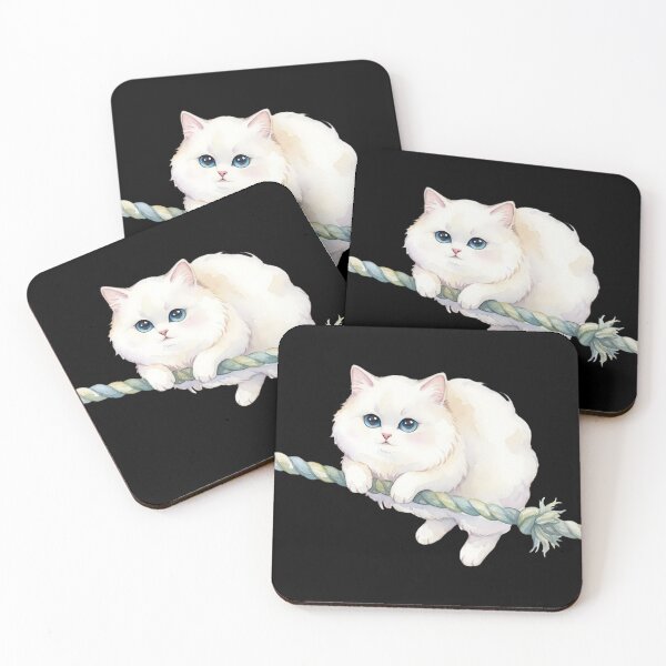 Item preview, Adorable White Cat Sitting on Rope Cute Cartoon Kitty Illustration designed and sold by ArtDesignTp.