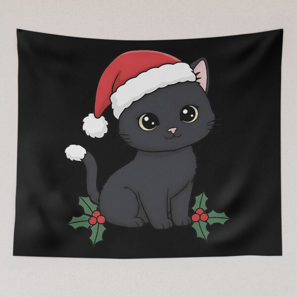 Artikelvorschau, Süße schwarze Katze mit Weihnachtsmütze Weihnachten Cartoon Illustration entworfen und verkauft von ArtDesignTp.