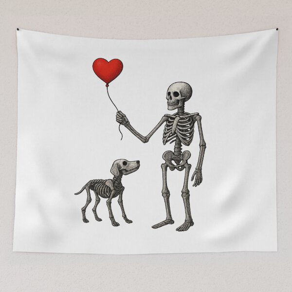 Item preview, Skeleton Master and Labrador Dog with Red Heart Balloon – Gothic Dark Art Design designed and sold by Pet Lovers Market.