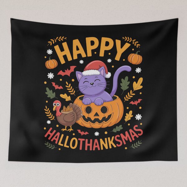 Artikelvorschau, Halloween Thanksgiving Weihnachten Katze Truthahn Hallothanksmas entworfen und verkauft von tabdejinti.