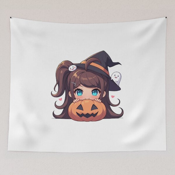 Item preview, Aoi Asahina Danganronpa Halloween Pumpkin Witch Brown Blue Cute Kawaii Chibi Anime Girl designed and sold by earlobejerk.