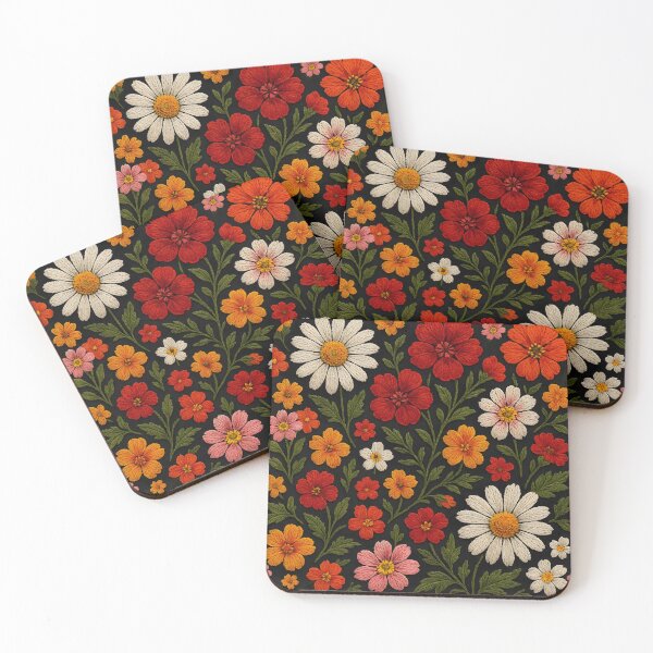 Item preview, Floral Embroidery Pattern – Daisy & Geranium on Black designed and sold by jutharat456.