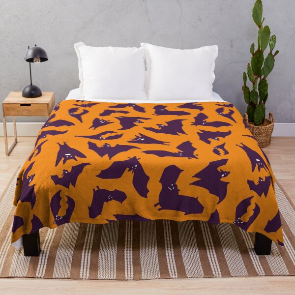Item preview, Halloween Throw Blanket with Flying Purple Bats on Orange Background – Spooky Gothic Pattern designed and sold by FestivityFinds.