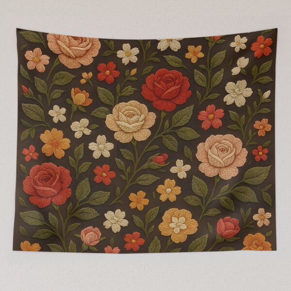 Item preview, Rose & Jasmine Embroidery Floral Pattern on Dark Brown designed and sold by jutharat456.