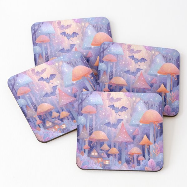 Item preview, Whimsical Dreamy Forest With Mushrooms, Bats, And Cozy Village Cottage At Dusk designed and sold by KanDa-Shop.