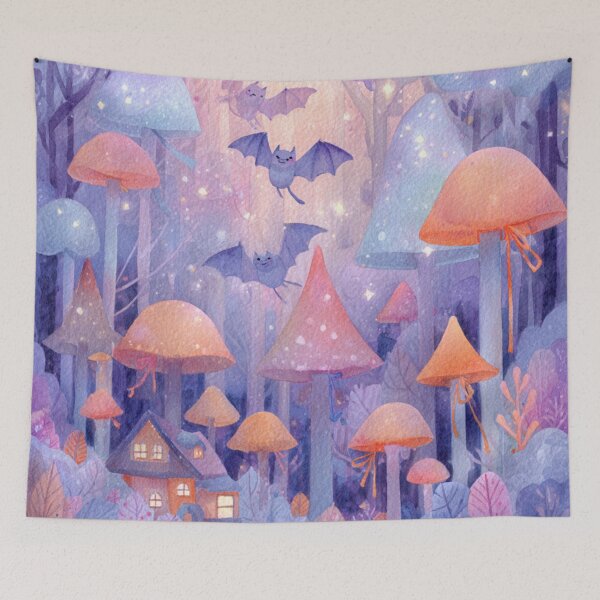 Item preview, Whimsical Dreamy Forest With Mushrooms, Bats, And Cozy Village Cottage At Dusk designed and sold by KanDa-Shop.