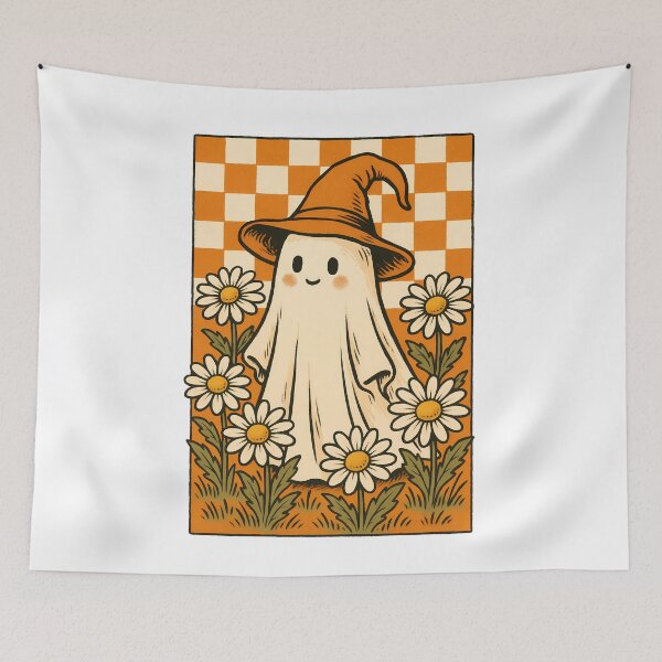 Item preview, Vintage Ghost with Witch Hat and Daisies – Retro Spooky Cute Halloween Aesthetic designed and sold by Sixtinebzh.
