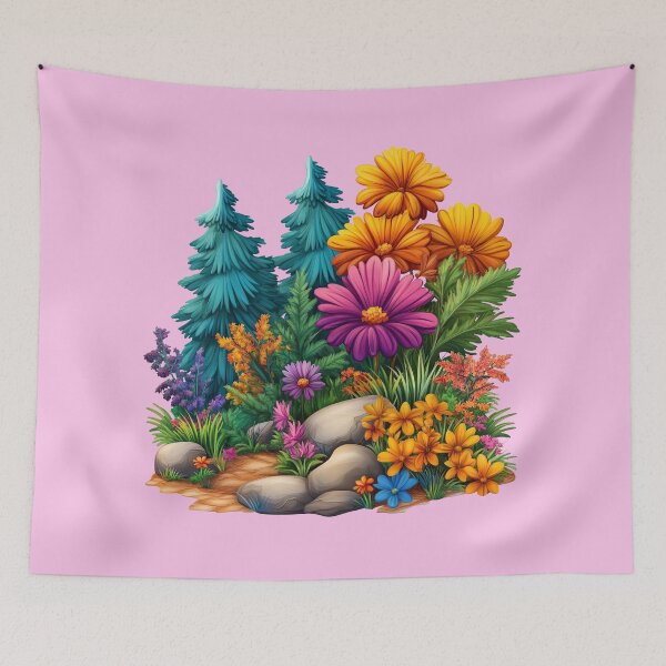 Item preview, Colorful cartoon forest with flowers and rocks, fantasy cartoon landscape with trees, colorful cartoon forest with flowers and rocks illustration designed and sold by MamaDong.