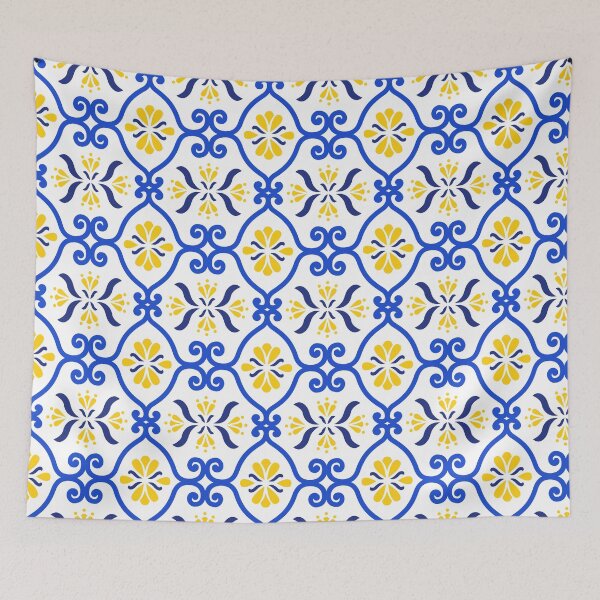 Item preview, Bright blue and yellow seamless floral pattern inspired by Mediterranean tiles. designed and sold by JoelmaQ.