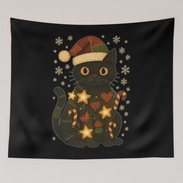 Item preview, Patchwork Black Cat Christmas Holiday Art designed and sold by JerdbordinShop.