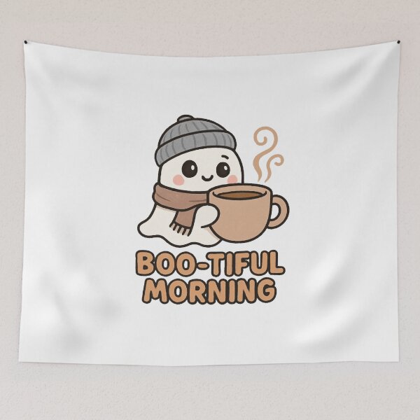Item preview, Cute Ghost with Coffee Cup – Boo-tiful Morning Funny Halloween Design designed and sold by RuweisVibes.