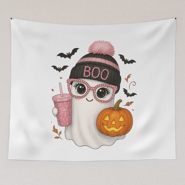 Item preview, Girly Ghost with Pink Glasses and Pumpkin – Cute Spooky Season Halloween Aesthetic designed and sold by Sixtinebzh.