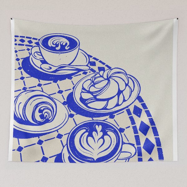 Item preview, Cappuccinos and Pastries on Blue Table designed and sold by MurellosArt.