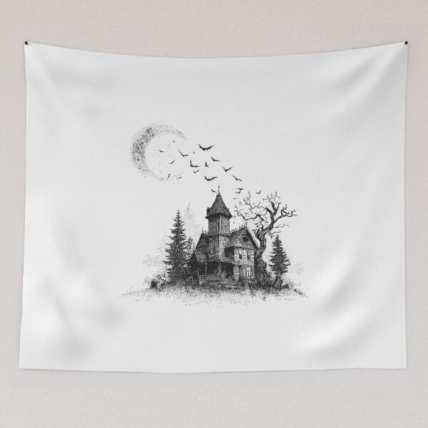 Item preview, Haunted House Under the Moon – Gothic Halloween Spooky Castle with Bats Line Art designed and sold by Lemon-Monday.