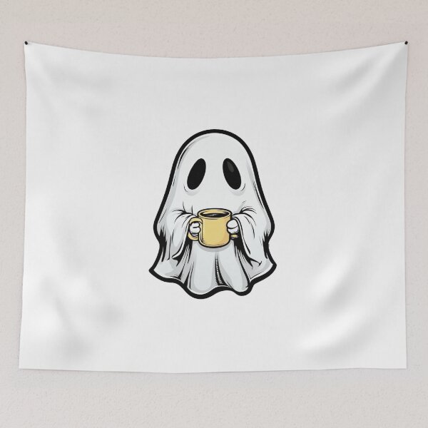 Item preview, Cute Cartoon Ghost with Coffee Mug Illustration designed and sold by RuweisVibes.