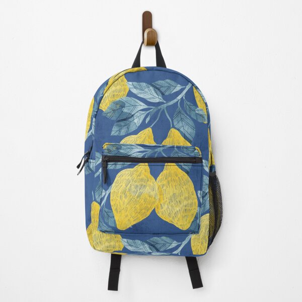 Item preview, Lemons illustration with blue leaves on dark blue background designed and sold by helga-wigandt.