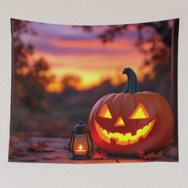 Item preview, Glowing Jack-O'-Lantern with Mischievous Grin on Autumn Porch Illustration designed and sold by Ani-24.