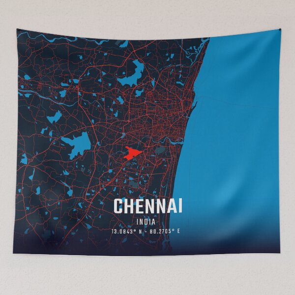Item preview, Chennai Red & Blue Minimalist Map designed and sold by HomeLivingCo.
