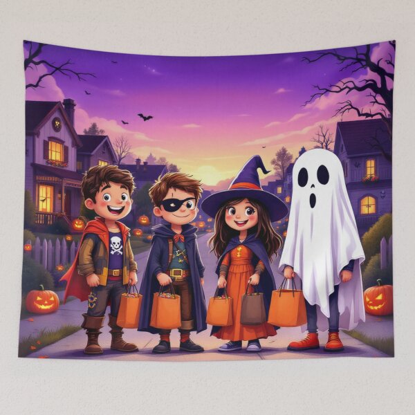 Item preview, Diverse Children in Creative Halloween Costumes at Twilight Neighborhood Illustration designed and sold by Ani-24.
