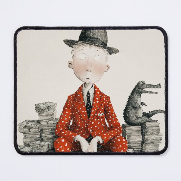 Item preview, Whimsical Man in Red Suit with Money and Crocodile – Surreal Illustration designed and sold by Moss and Moon Studio.